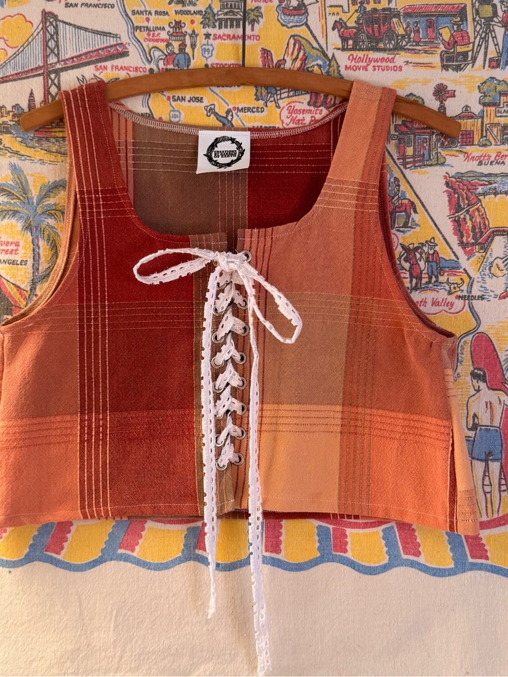 Handmade lace up -Front Plaid Crop Top in Rust and Peach